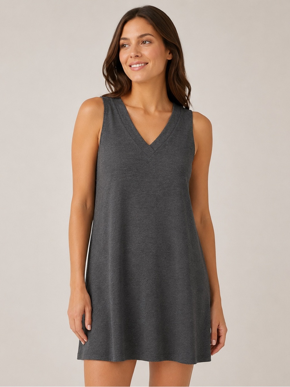 Suzy Shier Charcoal V‑Neck Sleeveless Mini Dress